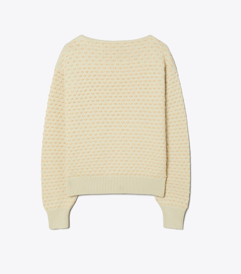 Tory Burch designer sweaters Pull en laine brodé de raphia in Pale Almond / Raffia front