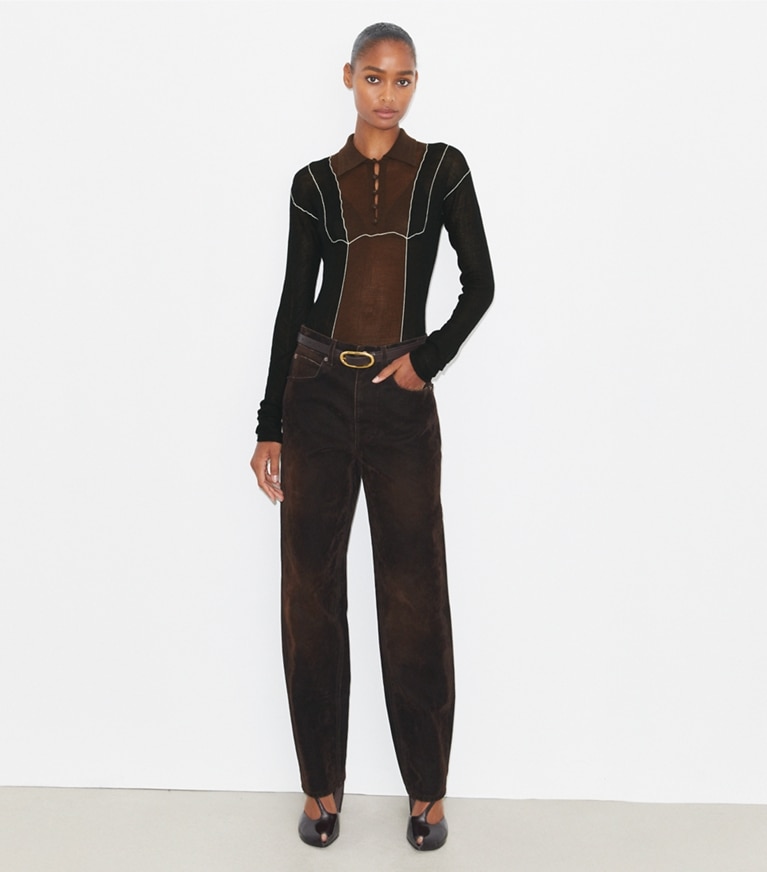 Tory Burch designer sweaters Pull en laine color-block in Black / Chocolate front