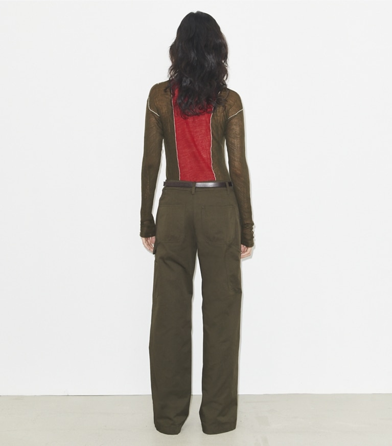 Tory Burch designer sweaters Pull en laine color-block in Olive / Red front