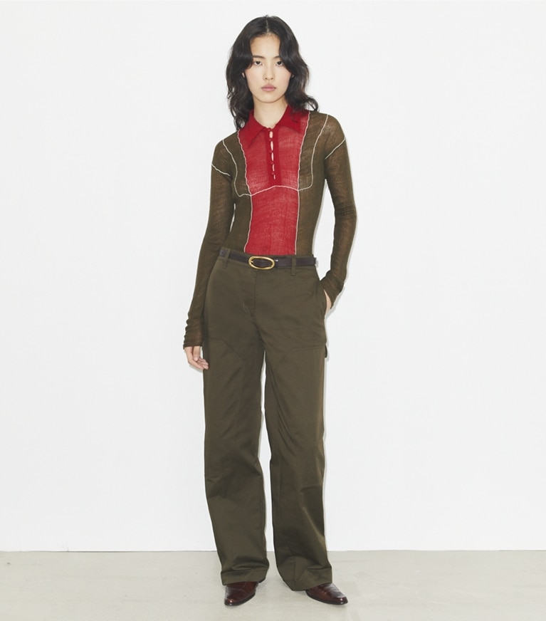 Tory Burch designer sweaters Pull en laine color-block in Olive / Red front