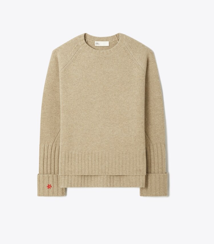 Tory Burch designer sweaters Pull en mérinos in Melange Oatmeal front