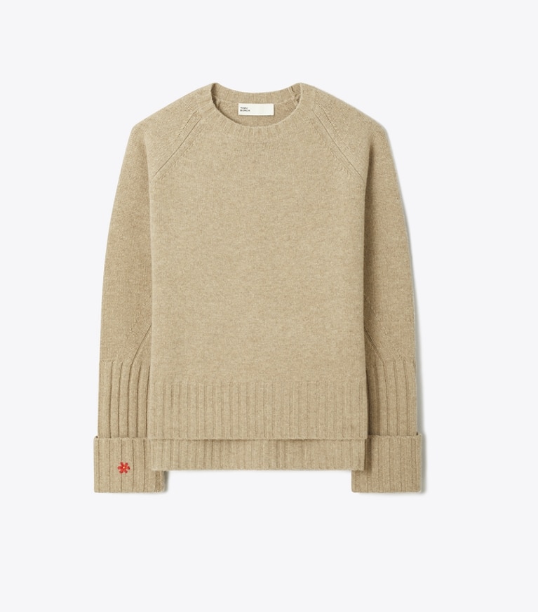 Tory Burch designer sweaters Pull en mérinos in Melange Oatmeal front