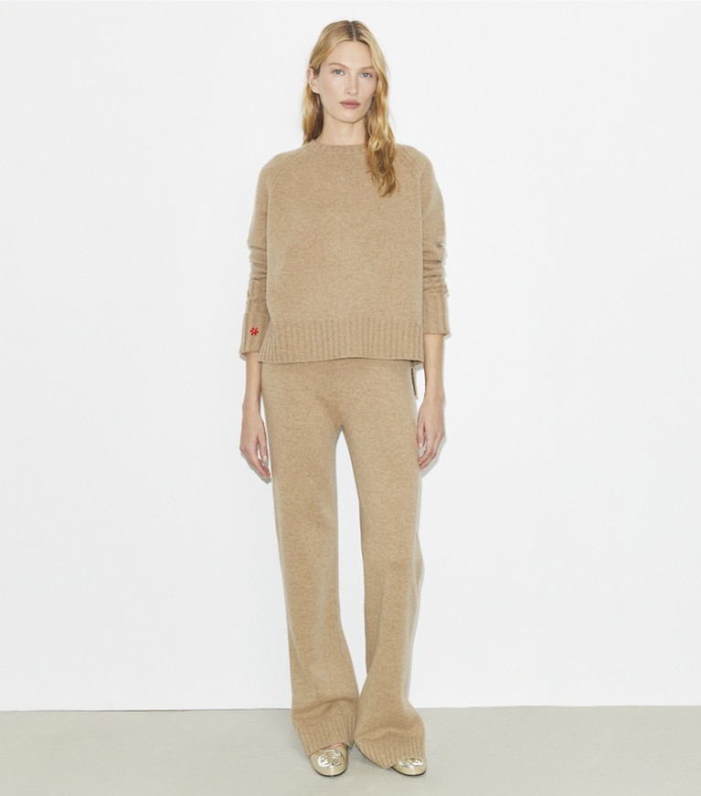Tory Burch designer sweaters Pull en mérinos in Melange Oatmeal front