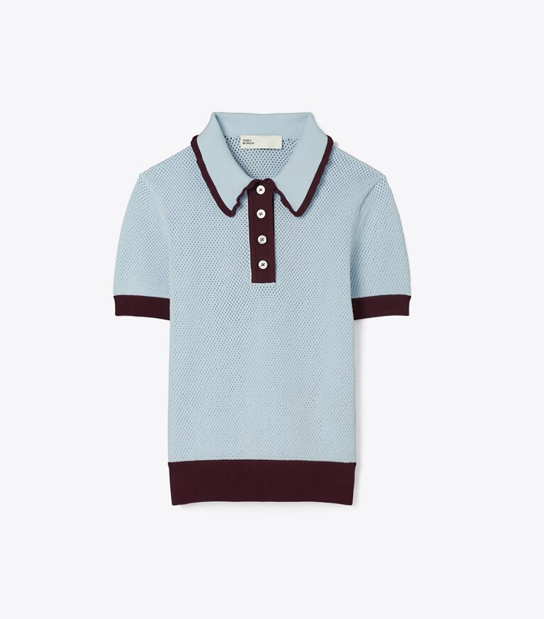 Tory Burch designer sweaters Pull en viscose maille pointelle in Frozen Blue / Dark Merlot front