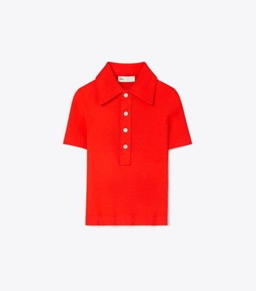 Tory Burch designer sweaters Pull polo côtelé en viscose in Blazing Red front
