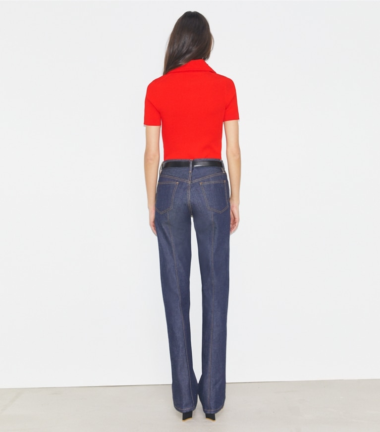 Tory Burch designer sweaters Pull polo côtelé en viscose in Blazing Red front