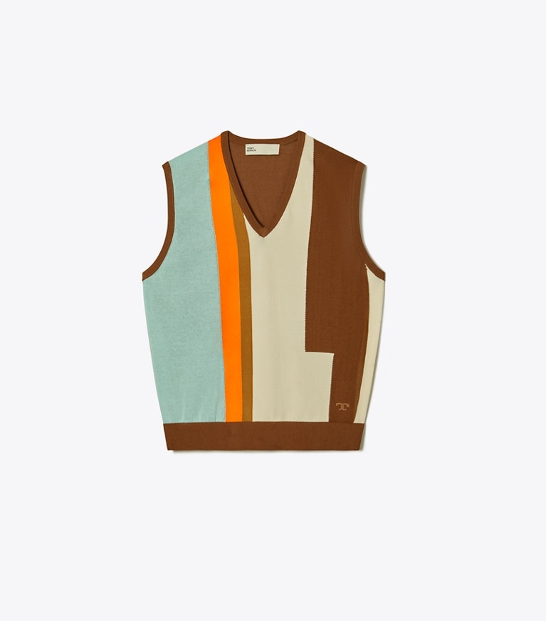 Tory Sport designer sweaters Pull sans manches color-block in Allspice / Blue Aqua / French Cream front
