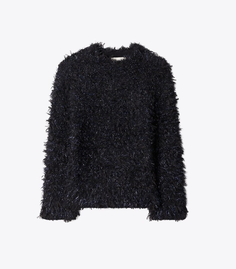 Tory Burch designer sweaters Pull scintillant à col montant  in BLACK / Black Navy Iridescent front
