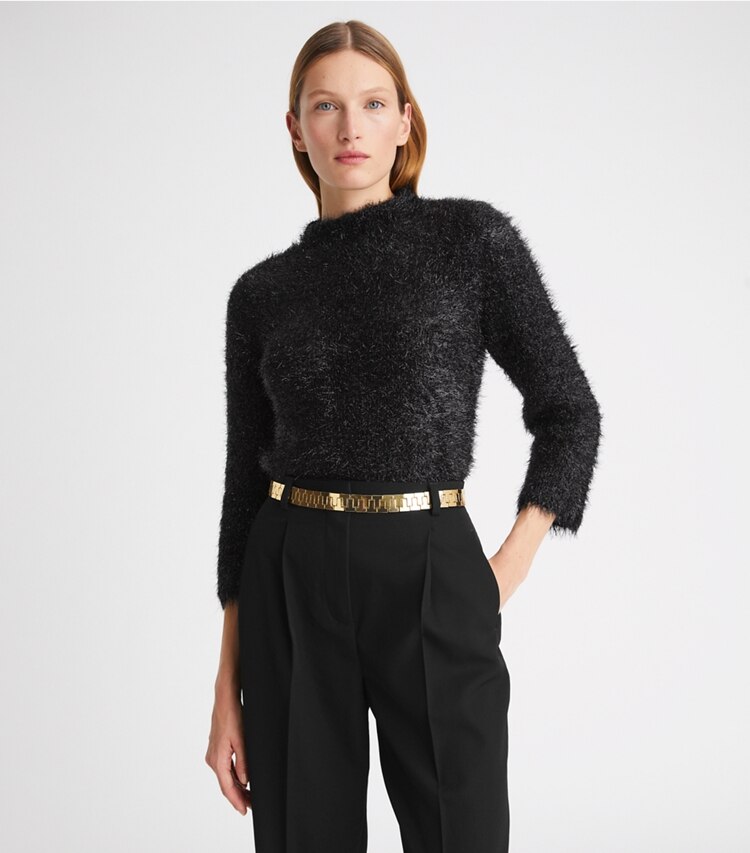 Tory Burch designer sweaters Pull scintillant à col montant in Black Iridescent on model detail