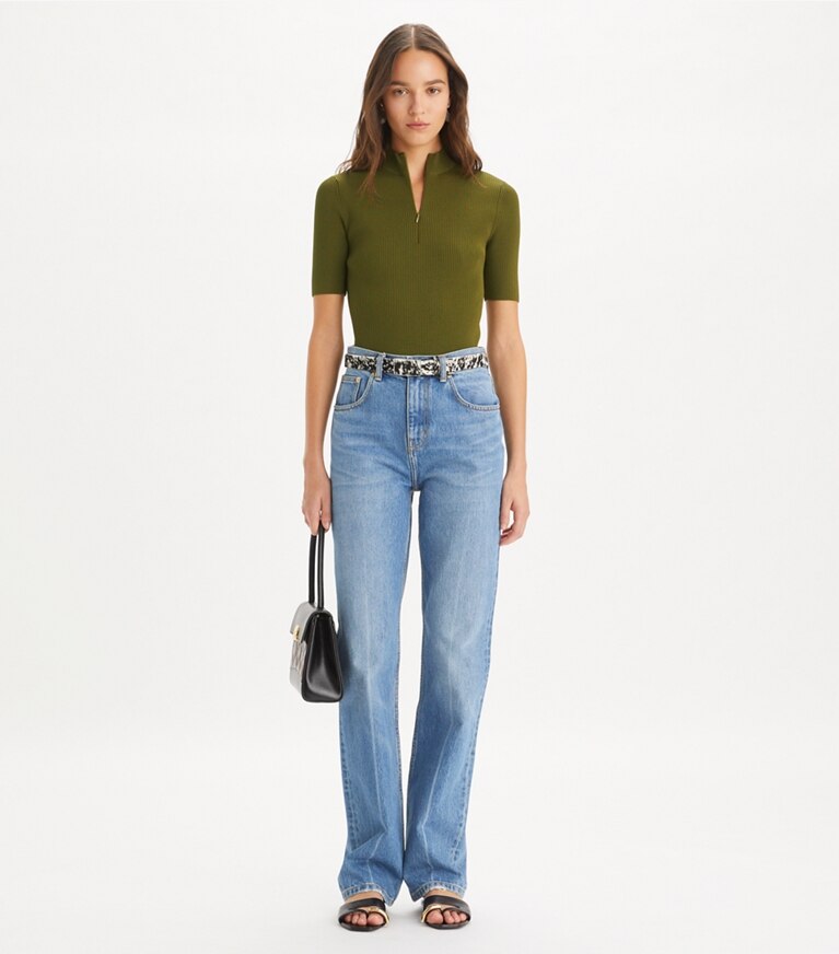 Tory Burch designer sweaters Pull zippé à col rond in Dark Oliva front