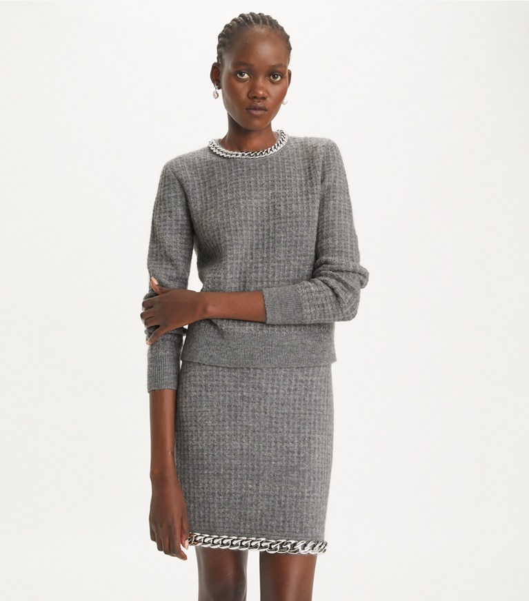 Tory Burch designer maglioni Pullover a girocollo con catena in Mineral Gray front