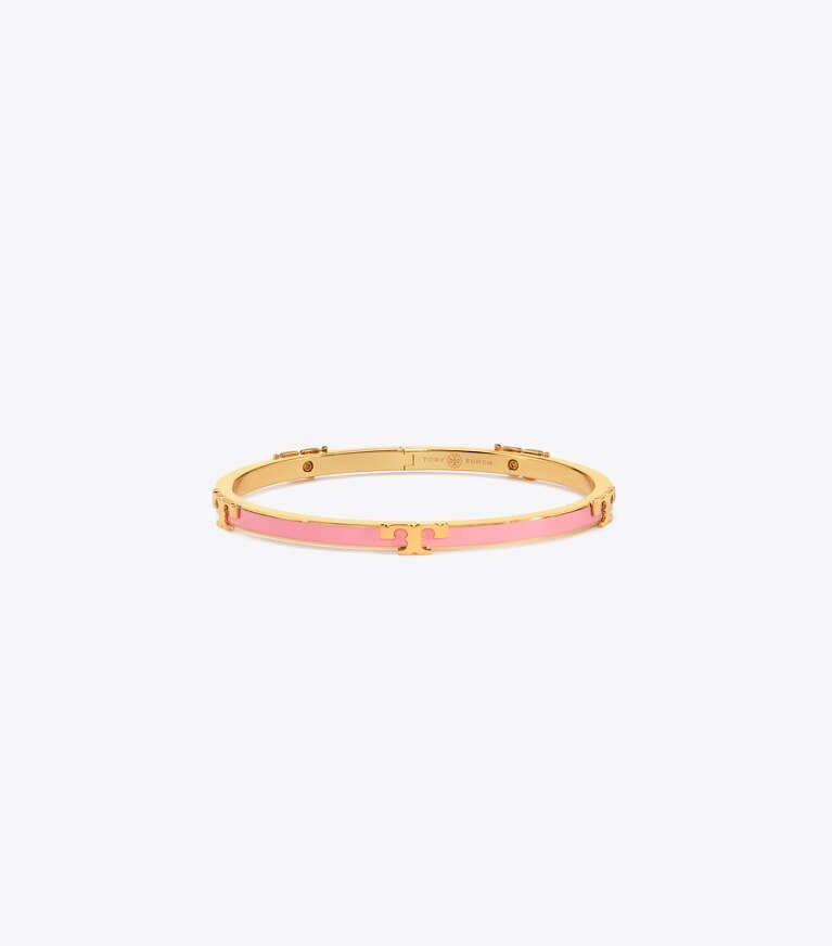 Tory Burch diseñador pulseras Pulsera apilable esmaltada Serif-T en Tory Gold/Pink City frente