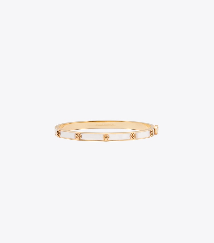 Tory Burch diseñador pulseras Pulsera con bisagra de nácar con diseño de icono fino en Tory Gold / Mother of Pearl frontal