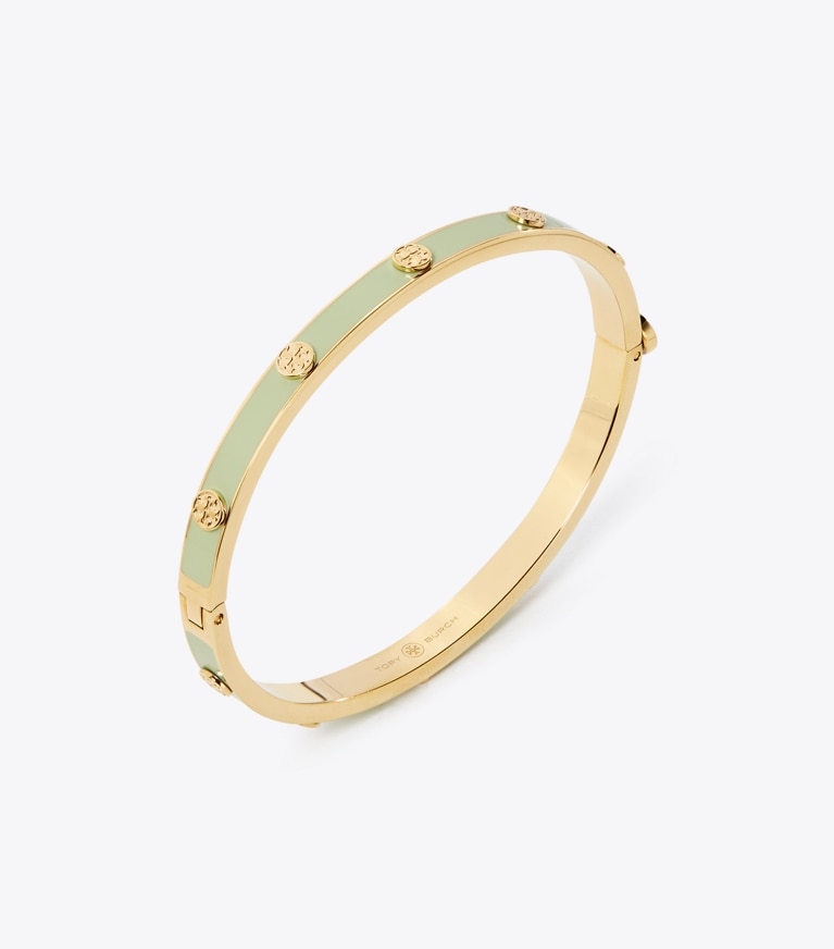 Tory Burch diseñador pulseras Pulsera con bisagra esmaltada de 5 mm con tachuelas Miller en Tory Gold / Mint Swirl detalle