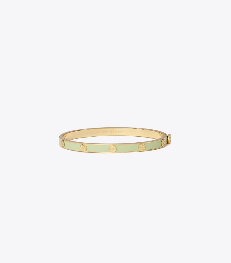 Tory Burch diseñador pulseras Pulsera con bisagra esmaltada de 5 mm con tachuelas Miller en Tory Gold / Mint Swirl frontal