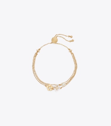 Tory Burch diseñador pulseras Pulsera con deslizador de cadena de perlas Forget Me Not en Tory Gold / Mother of Pearl / Cream frente