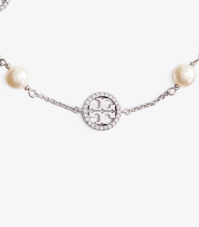 Tory Burch diseñador pulseras Pulsera con perlas de cristal y logo en Silver/Crystal/Pearl detalle