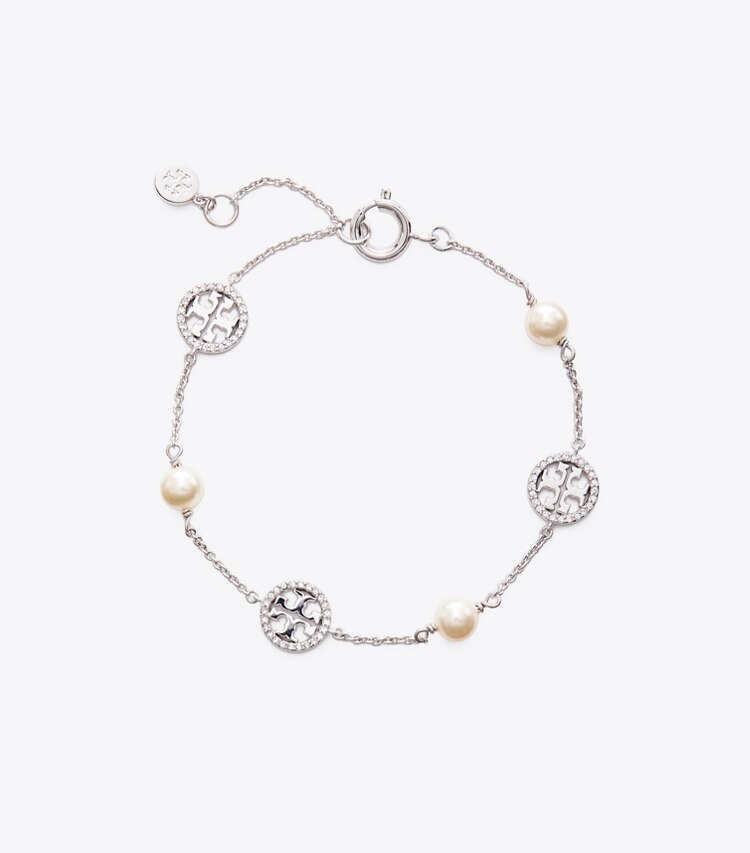 Tory Burch diseñador pulseras Pulsera con perlas de cristal y logo en Silver/Crystal/Pearl frontal