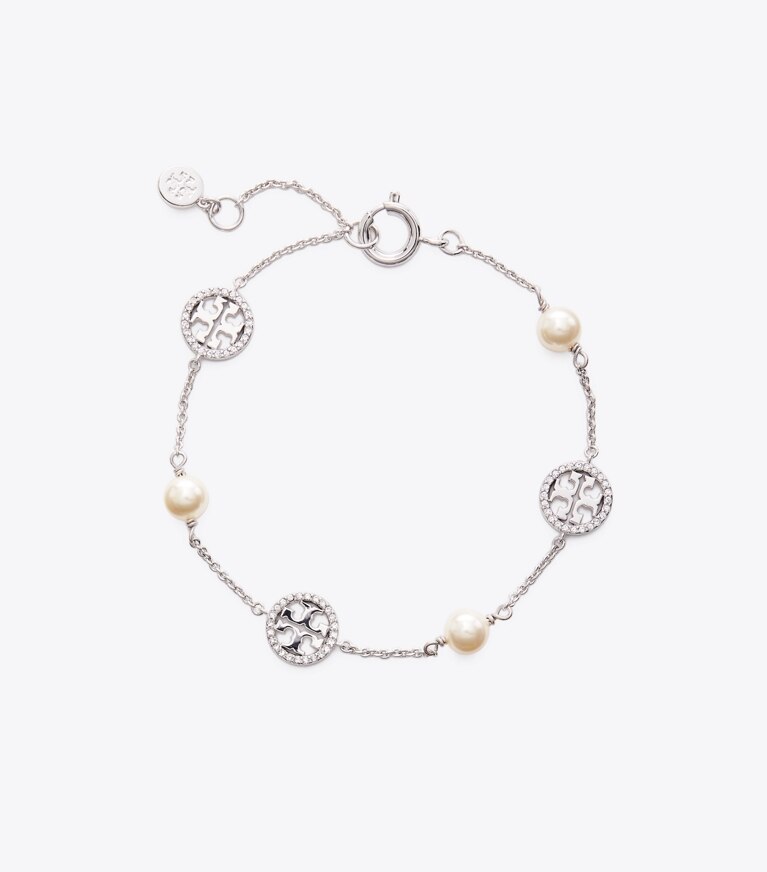 Tory Burch diseñador pulseras Pulsera con perlas de cristal y logo en Silver/Crystal/Pearl frontal