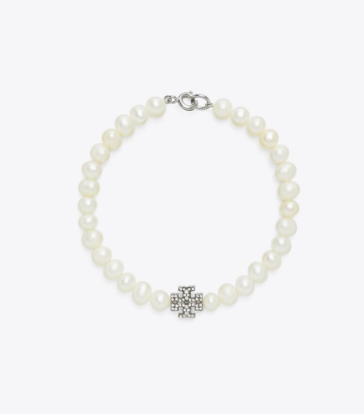 Tory Burch diseñador pulseras Pulsera con perlas y pavé Moondance en Tory Silver / Crystal / Pearl frente