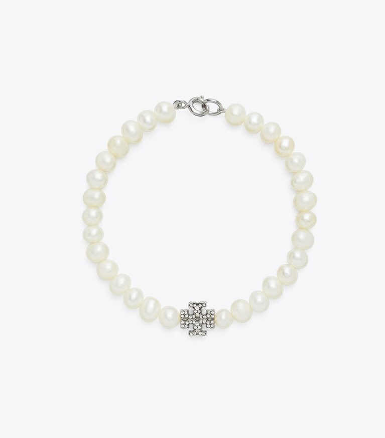 Tory Burch diseñador pulseras Pulsera con perlas y pavé Moondance en Tory Silver / Crystal / Pearl frente