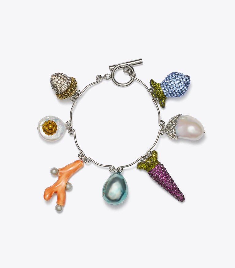 Tory Burch diseñador pulseras Pulsera Curiosity con dije de verduras en Tory Silver / Multi frente