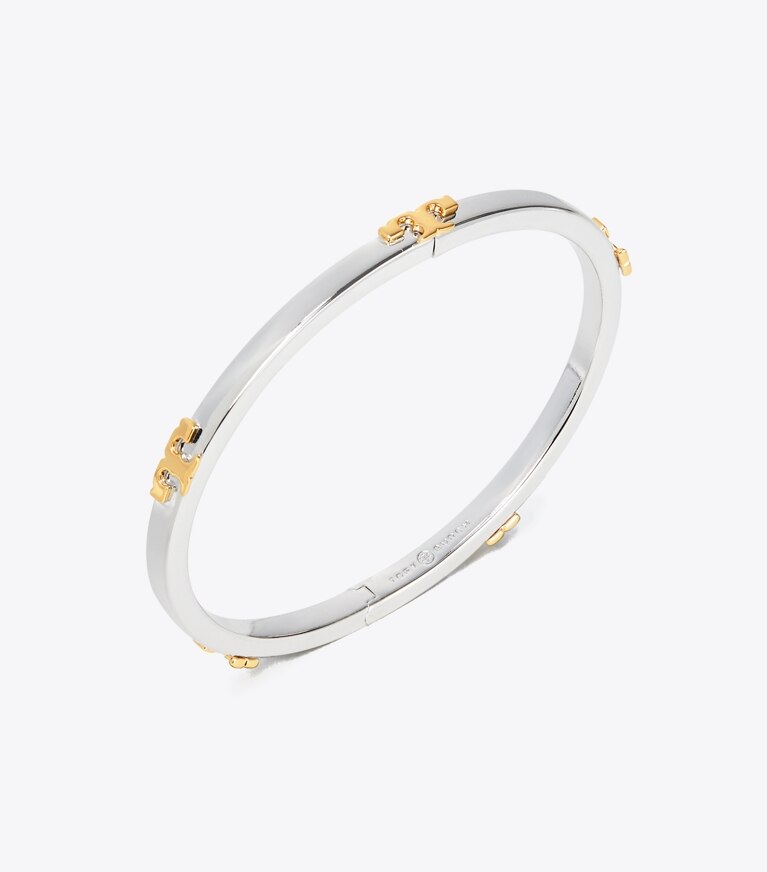 Tory Burch diseñador pulseras Pulsera de metal apilable Serif-T en Tory Silver Mixed Metal detalle