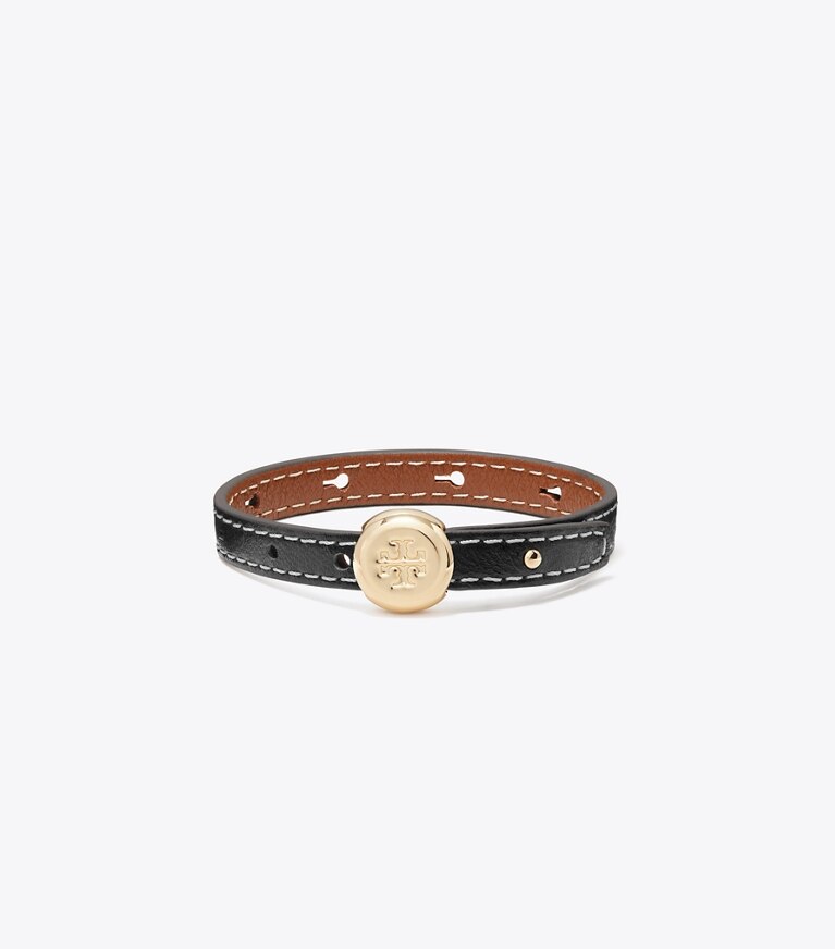 Tory Burch diseñador pulseras Pulsera de piel Icon en Light Brass / BLACK frente