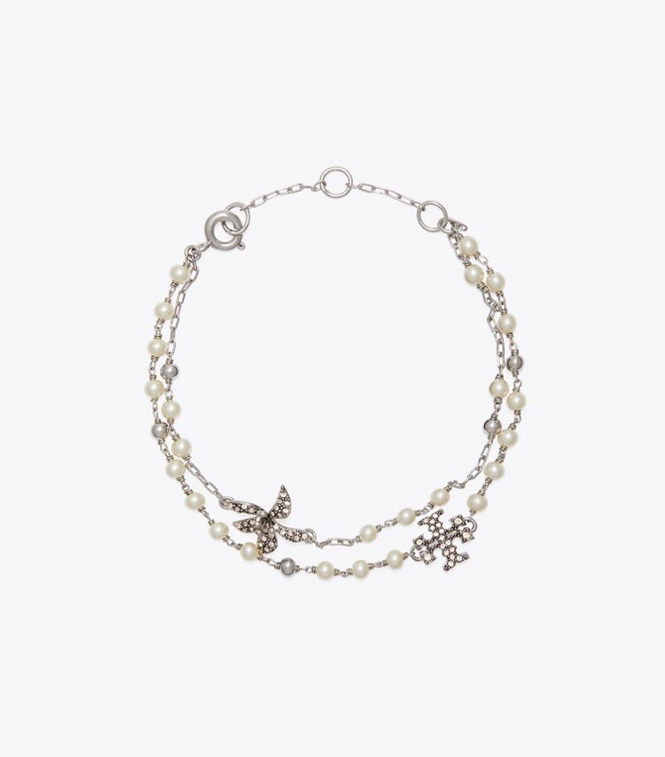 Tory Burch diseñador pulseras Pulsera de varias hebras con perlas Moondance en Tory Silver / Pearl / Crystal frente