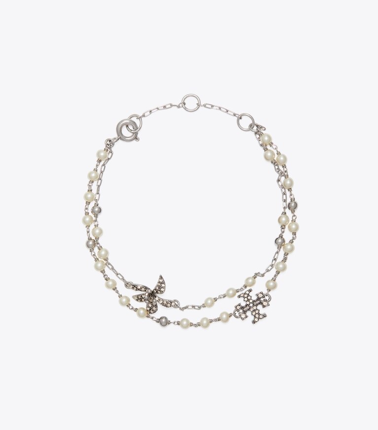 Tory Burch diseñador pulseras Pulsera de varias hebras con perlas Moondance en Tory Silver / Pearl / Crystal frente