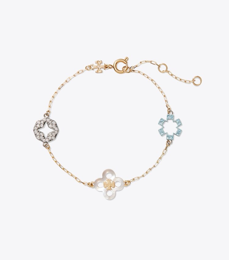 Tory Burch diseñador pulseras Pulsera delicada con pavé Forget Me Not en Tory Gold / Multi frente