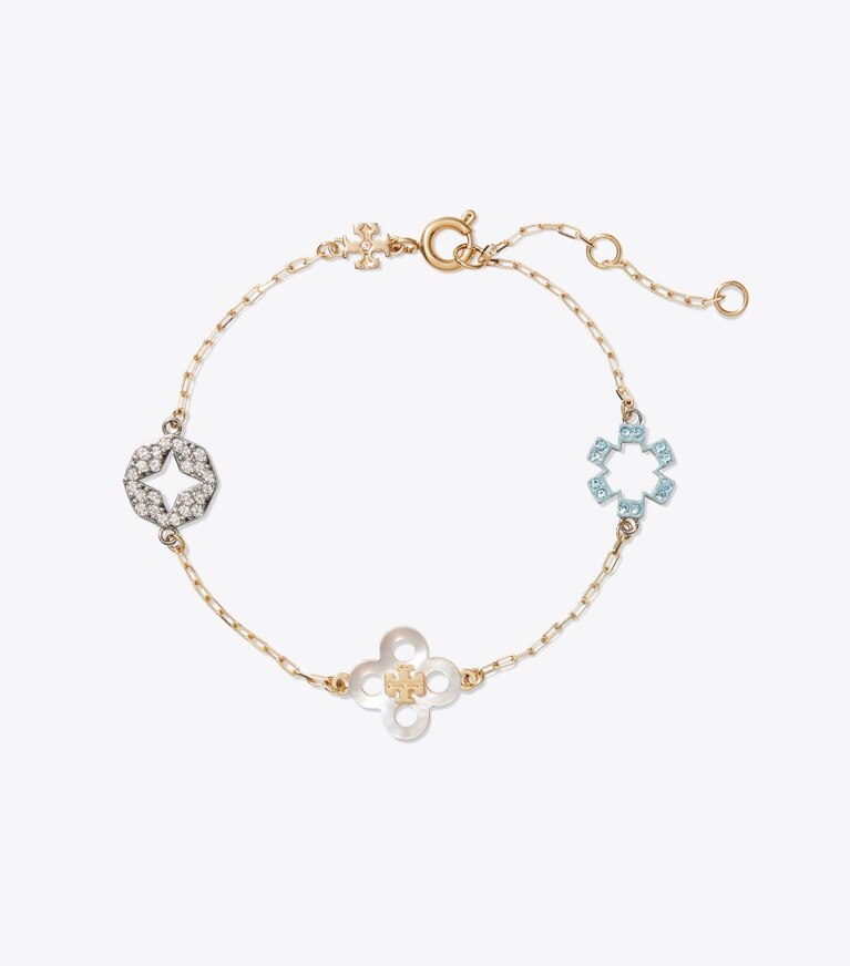 Tory Burch diseñador pulseras Pulsera delicada con pavé Forget Me Not en Tory Gold / Multi frente