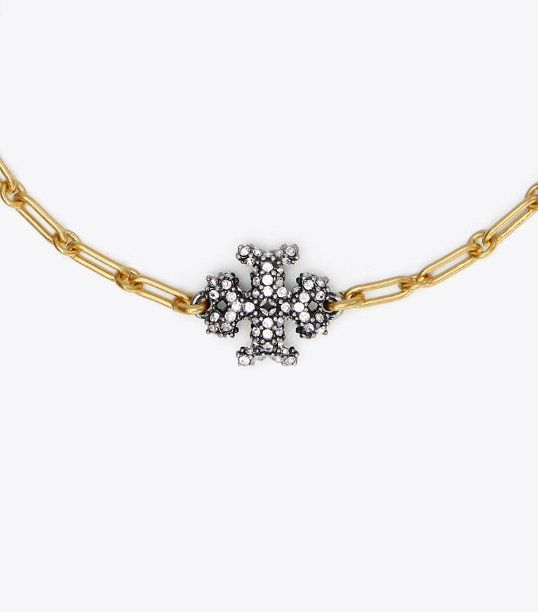 Tory Burch diseñador pulseras Pulsera delicada de cadena de pavé Roxanne en Rolled Tory Gold/Antique Pewter/Crystal detalle