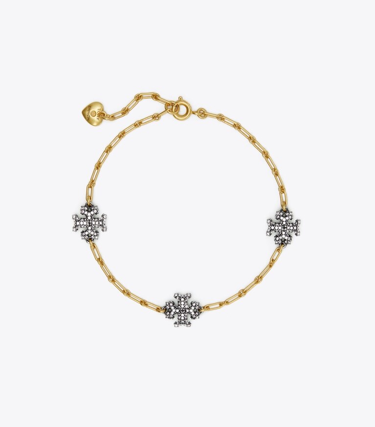 Tory Burch diseñador pulseras Pulsera delicada de cadena de pavé Roxanne en Rolled Tory Gold/Antique Pewter/Crystal frontal