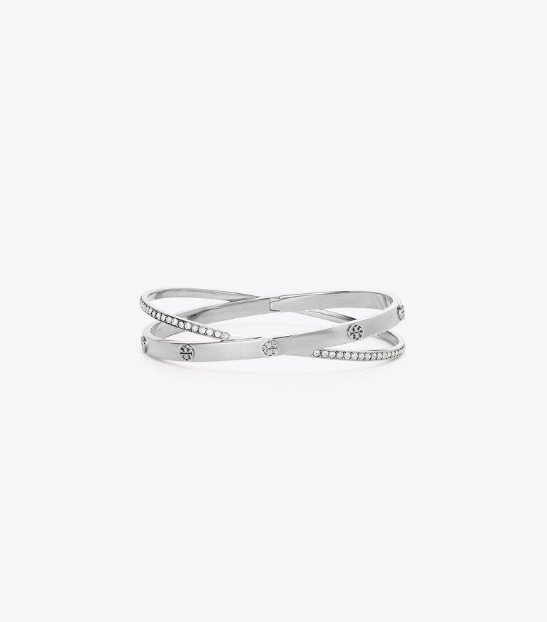 Tory Burch diseñador pulseras Pulsera doble con pavé Icon en Tory Silver / Crystal frente