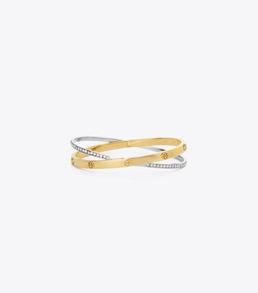 Tory Burch diseñador pulseras Pulsera doble con pavé Icon en Tory Gold / Tory Silver frente