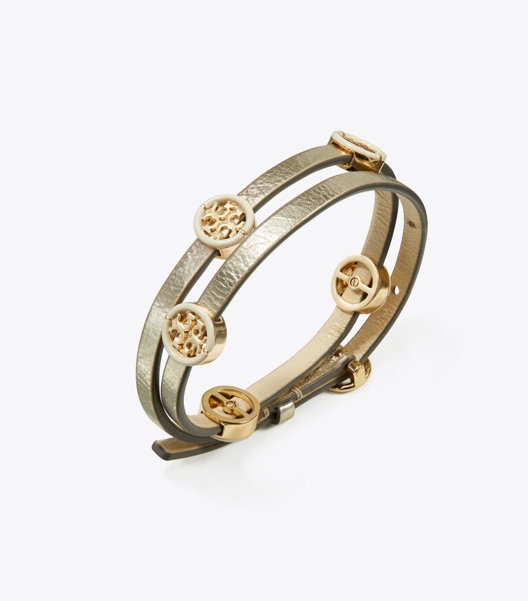 Tory Burch diseñador pulseras Pulsera esmaltada Miller de doble vuelta en Tory Gold / Gold Silver / French Cream detalle