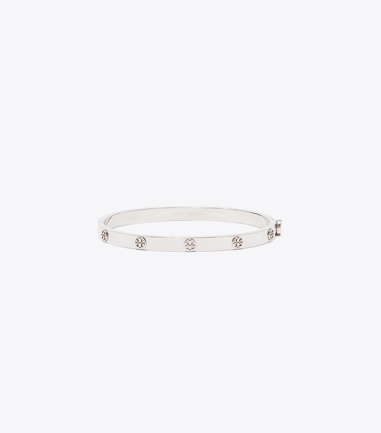 Tory Burch diseñador pulseras Pulsera fina con bisagra e icono en Tory Silver frontal