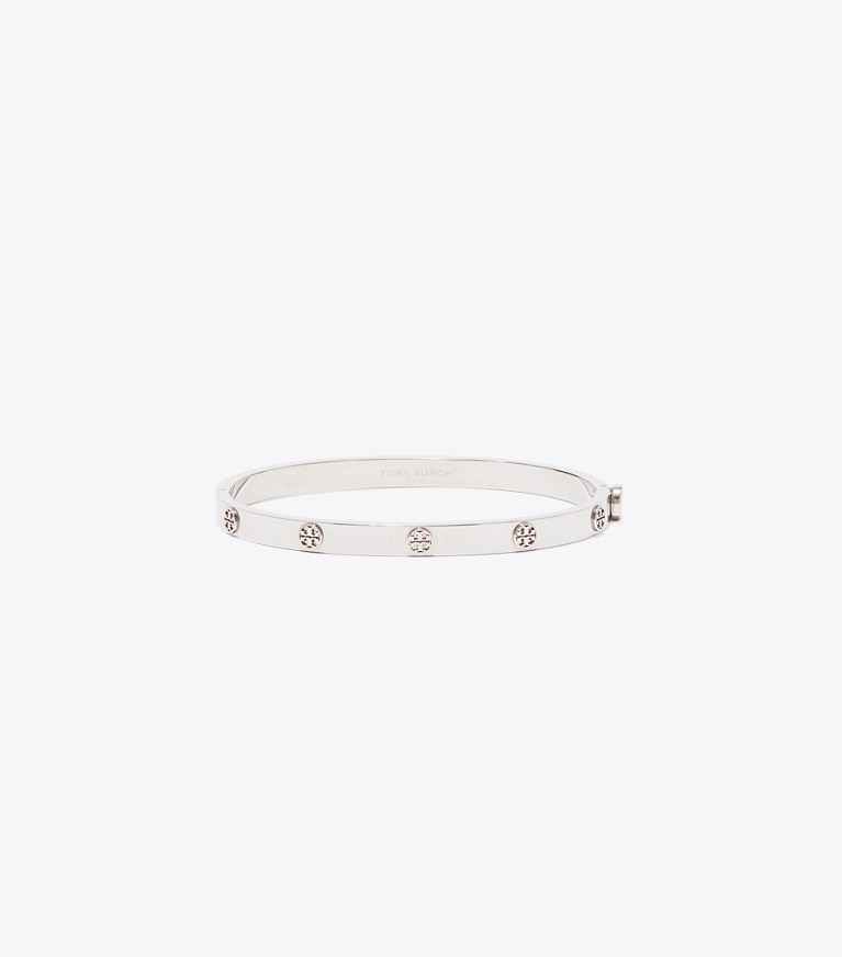 Tory Burch diseñador pulseras Pulsera fina con bisagra e icono en Tory Silver frontal
