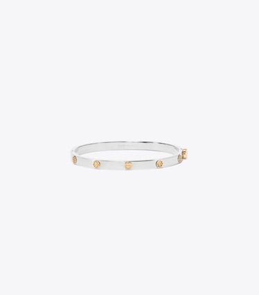 Tory Burch diseñador pulseras Pulsera fina con bisagra e icono en Tory Silver / Tory Gold frontal