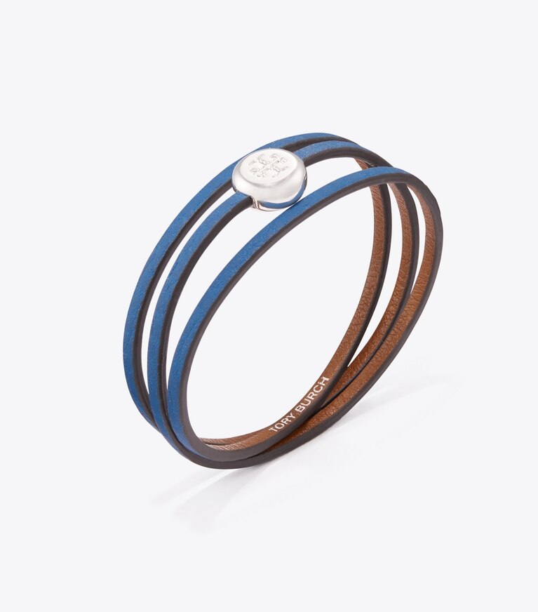 Tory Burch diseñador pulseras Pulsera Icon de varias vueltas en Light Silver / Bright Blue detalle