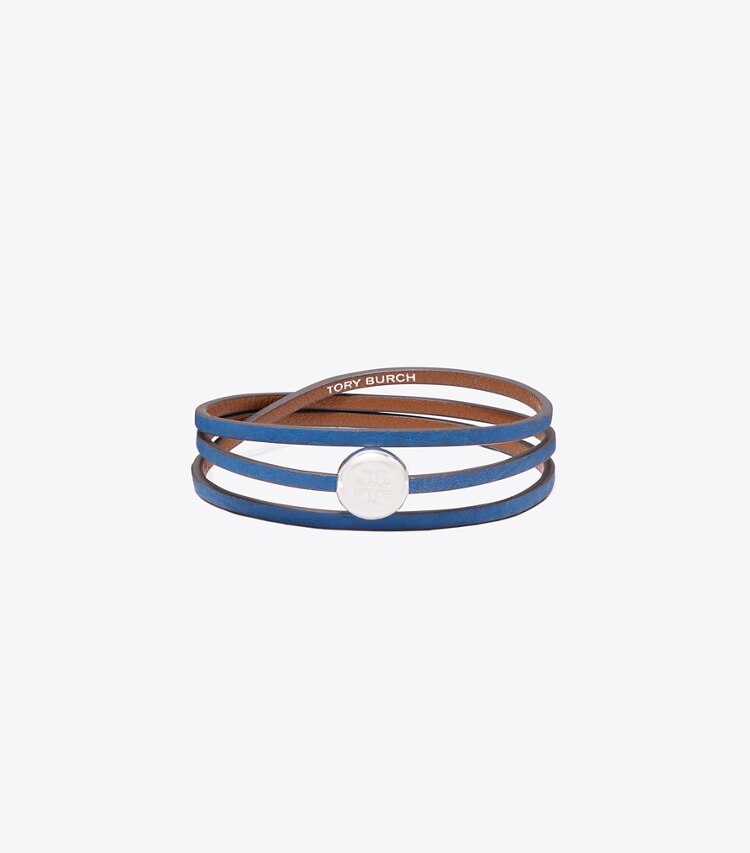 Tory Burch diseñador pulseras Pulsera Icon de varias vueltas en Light Silver / Bright Blue frente