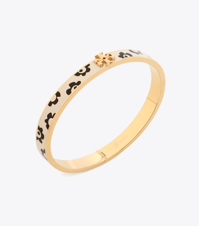 Tory Burch diseñador pulseras Pulsera Kira de esmalte de 7 mm en Tory Gold / Beige Flower Stencil detalle