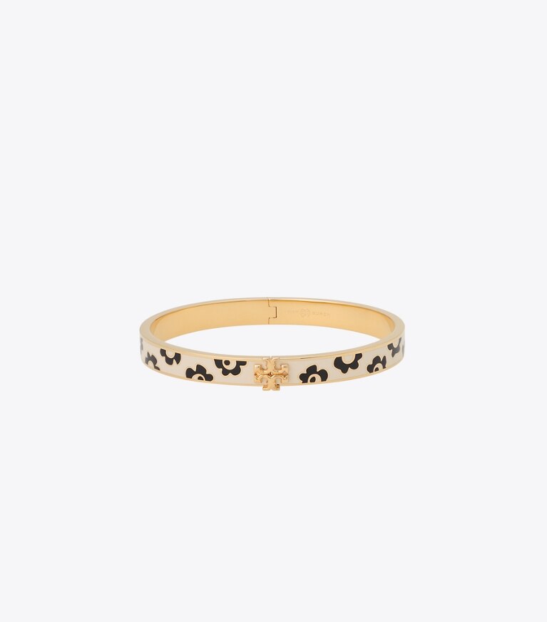 Tory Burch diseñador pulseras Pulsera Kira de esmalte de 7 mm en Tory Gold / Beige Flower Stencil frontal