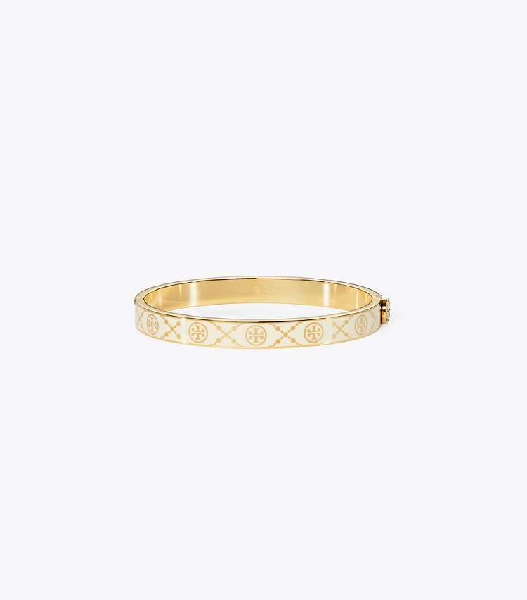 Tory Burch diseñador pulseras Pulsera rígida Icon con monograma de T en Tory Gold / New Ivory frente