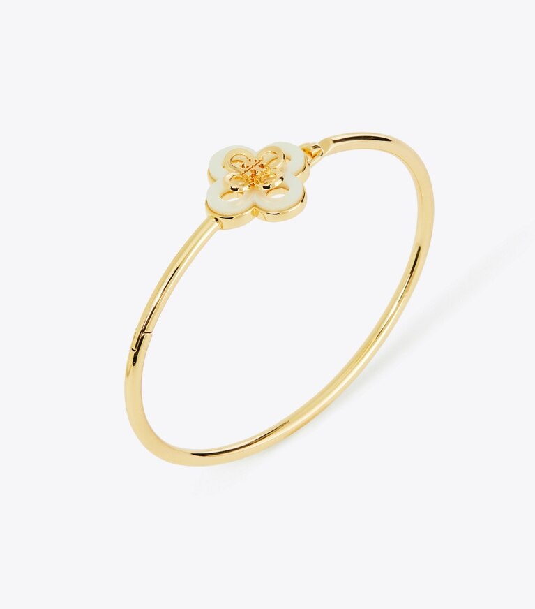 Tory Burch diseñador pulseras Pulsera rígida Kira Clover en Tory Gold / Mother of Pearl detalle