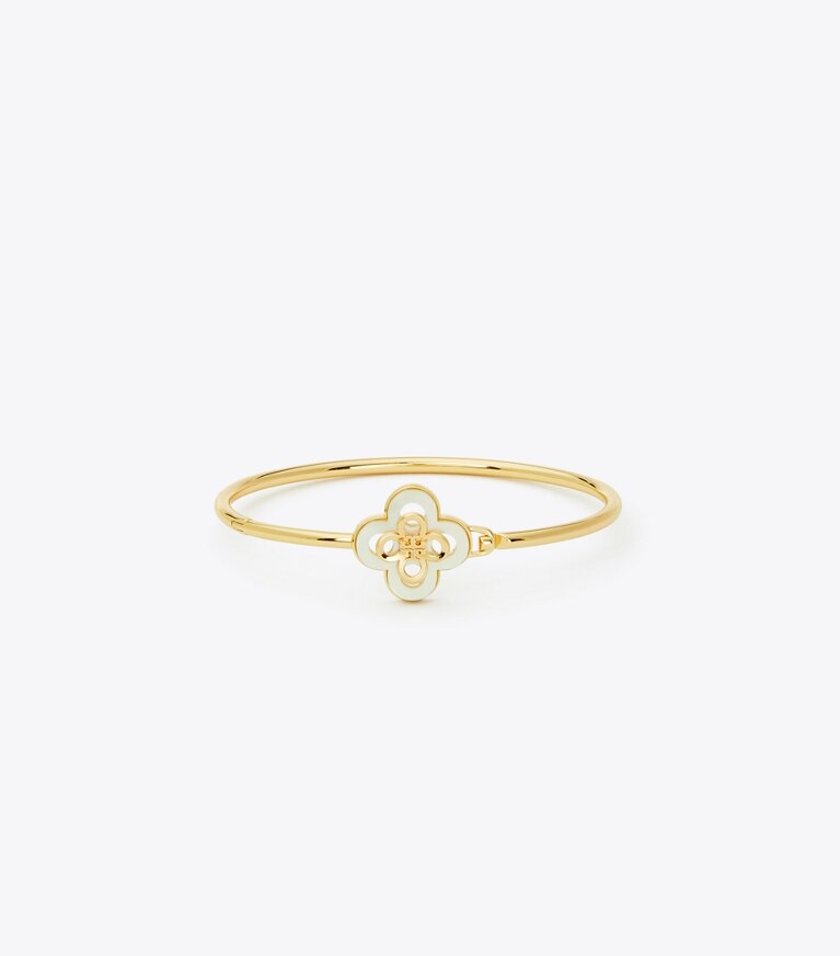 Tory Burch diseñador pulseras Pulsera rígida Kira Clover en Tory Gold / Mother of Pearl frente