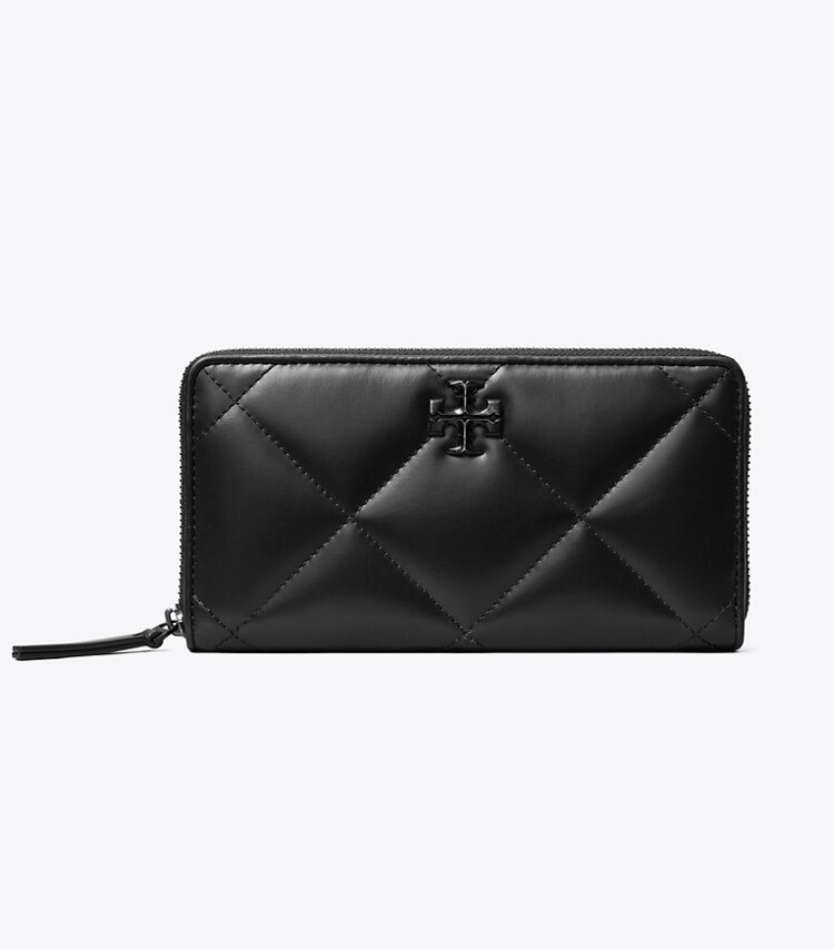 Tory Burch designer geldbörsen Pulverbeschichtete Kira Geldbörse im Langformat mit Reißverschluss und Rautensteppung in Black front