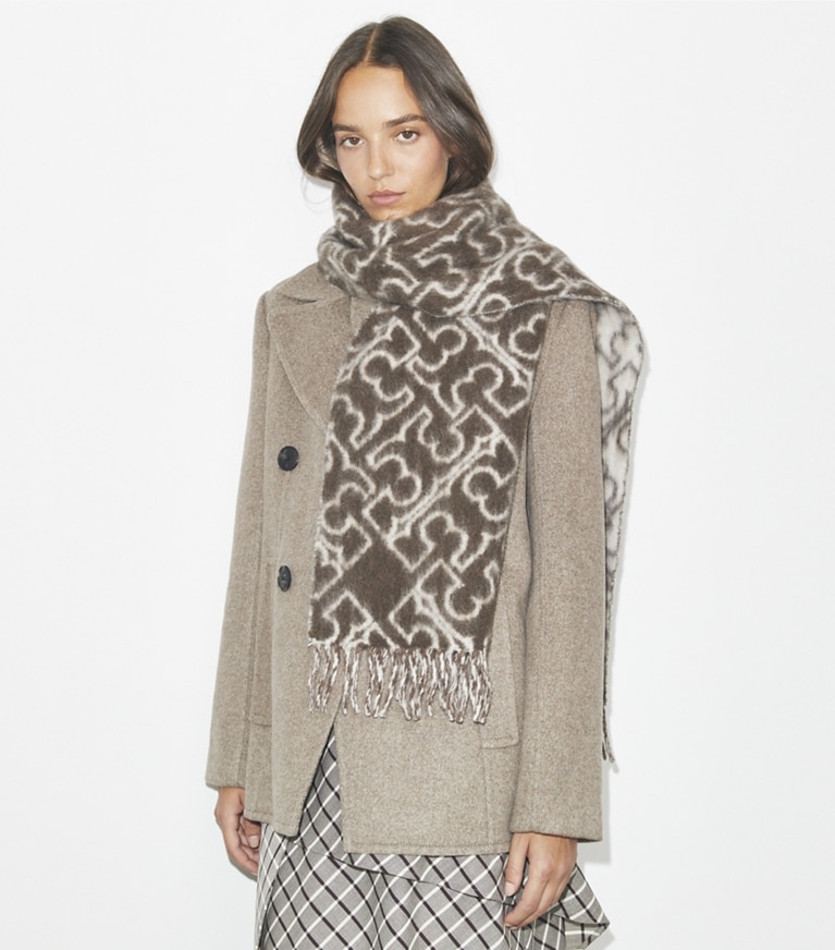 Tory Burch designer scarves Puzzle Logo Scarf in Brown / Ivory overhead