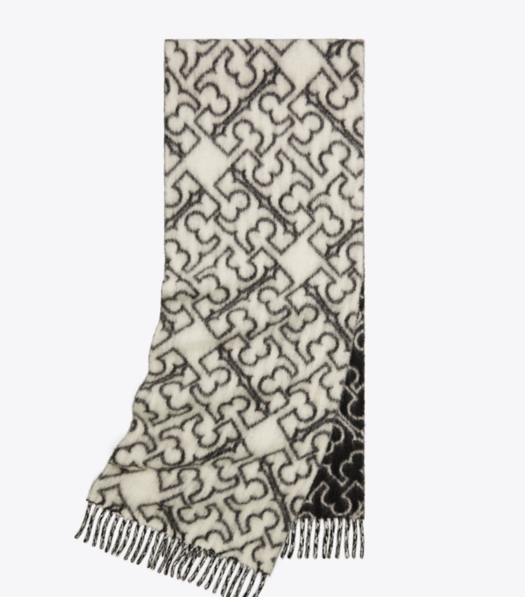 Tory Burch designer scarves Puzzle Logo Scarf in Black / Ivory folded